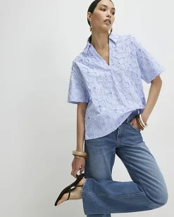 Blue Striped Flower Embroidery Polo Shirt