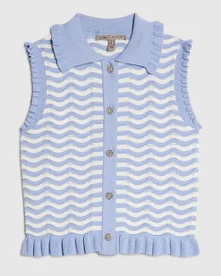 Blue Striped Knit Collared Tank Top