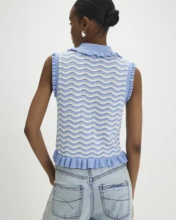 Blue Striped Knit Collared Tank Top