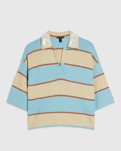 Blue Striped Knitted Polo Shirt