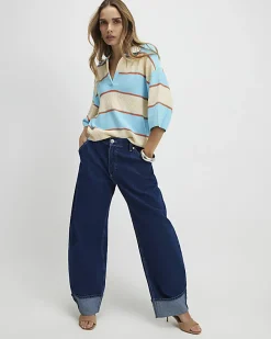 Blue Striped Knitted Polo Shirt