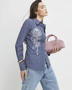 Blue Striped Long Sleeve Embroidered Shirt