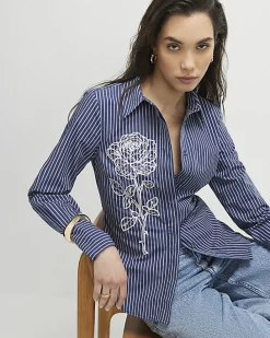 Blue Striped Long Sleeve Embroidered Shirt