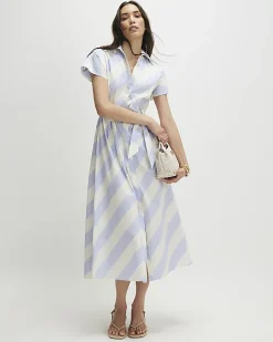 Blue Striped Midi Shirt Dress