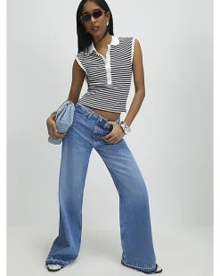 Blue Turn Down Hem Wide Leg Jeans