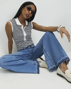 Blue Turn Down Hem Wide Leg Jeans
