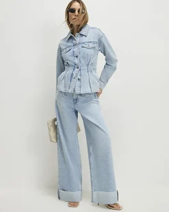 Blue Turn Up Hem Wide Leg Jeans
