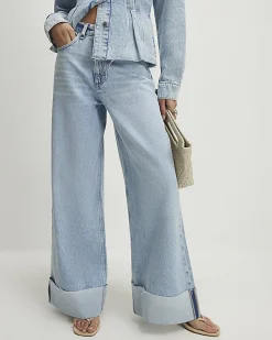 Blue Turn Up Hem Wide Leg Jeans