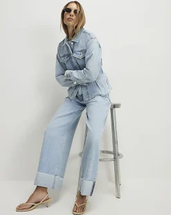 Blue Turn Up Hem Wide Leg Jeans
