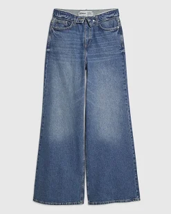 Blue Turned Down Waist Wide Leg Jeans