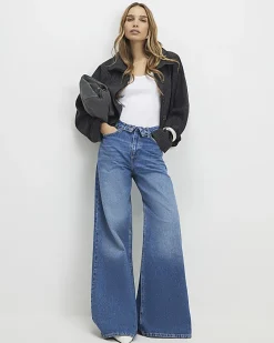 Blue Turned Down Waist Wide Leg Jeans
