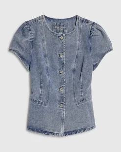 Blue Washed Bling Button Denim Top