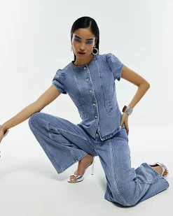 Blue Washed Bling Button Denim Top