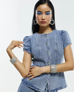 Blue Washed Bling Button Denim Top