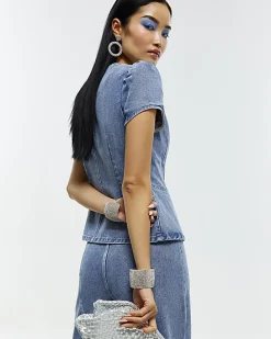 Blue Washed Bling Button Denim Top
