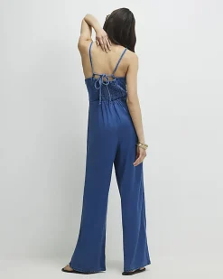 Blue Wide Leg Denim Jumpsuit