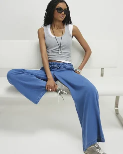 Blue Wide Leg Paperbag Jeans