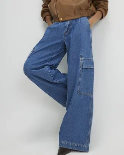 Blue Wide Leg Pleated Cargo Pocket Jeans