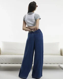 Blue Wide Leg Pyjama Style Drawstring Jeans