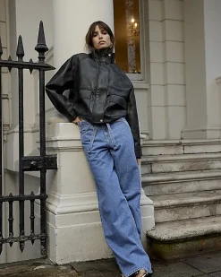 Blue Wide Leg Tie Front Jeans