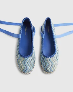 Blue Zig Zag Raffia Lace Up Flatform Shoes