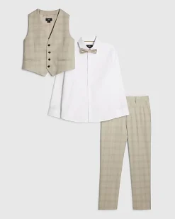 Boys Beige Check Waistcoat 4 Piece Set