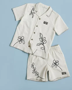 Boys Beige Embroidered Swim Shorts Set
