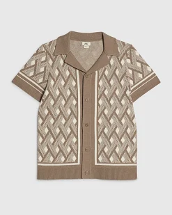 Boys Beige Geometric Knit Shirt