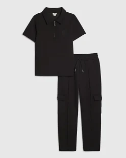 Boys Black Slim Fit Polo Jogger Set