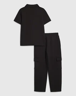 Boys Black Slim Fit Polo Jogger Set