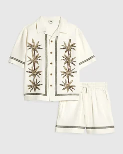 Boys Cream Embroidered Palm Shirt Set