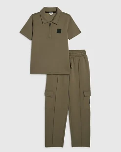 Boys Khaki Polo Shirt And Joggers Set
