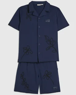 Boys Navy Embroidered Floral Swim Set