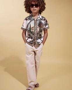 Boys White Palm Print Short Sleeve Shirt