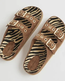 Brown Animal Footbed Double Strap Sandals