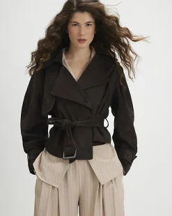 Brown Belted Faux Suede Cropped Trench Jacket