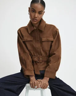 Brown Belted Faux Suede Jacket