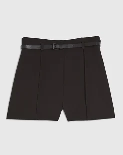 Brown Belted Pintuck Shorts