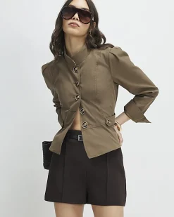 Brown Belted Pintuck Shorts