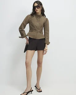 Brown Belted Pintuck Shorts