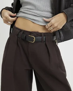 Brown Belted Pleated Wide Leg Jeans