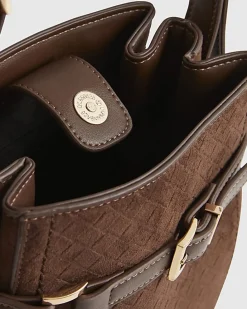 Brown Buckle Top Weave Detail Bucket Bag