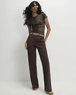 Brown Cap Sleeve Animal Print Top