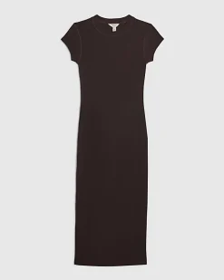 Brown Cap Sleeve Ribbed Midi Dress