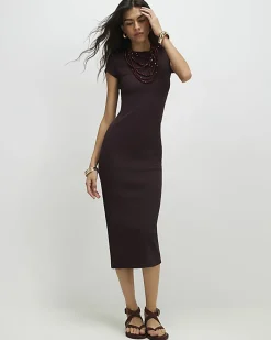 Brown Cap Sleeve Ribbed Midi Dress
