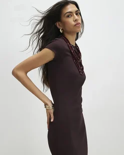 Brown Cap Sleeve Ribbed Midi Dress