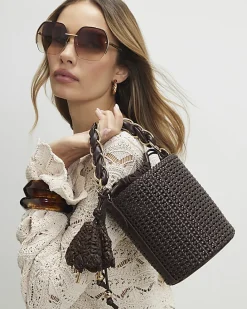 Brown Chain Handle Woven Bucket Bag