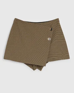 Brown Check Asymmetric Wrap Skort
