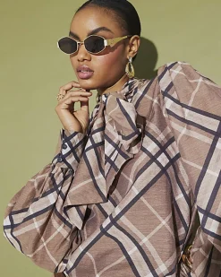 Brown Check Print Pussybow Blouse