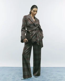Brown Check Wide Leg Trousers